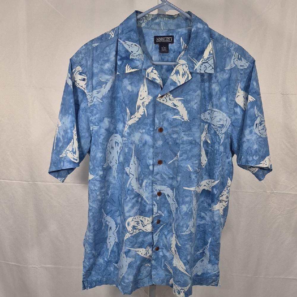 Lands End Mens Large Blue Fish Print Button Down Hawaiian Shirt, Coastal Beach